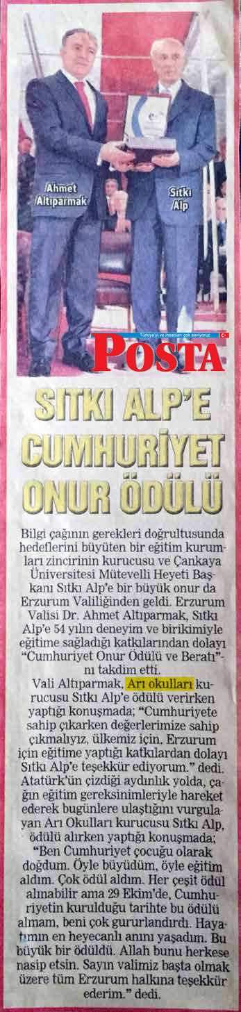 05 Aralık 2014 - Sıtkı ALP'e Cumhuriyet Onur Ödülü - Posta