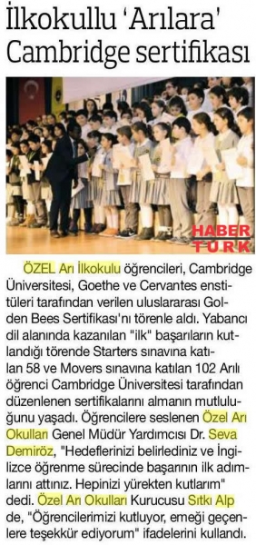 21 ARALIK 2017 PERŞEMBE HABERTÜRK-İLKOKULLU 'ARILARA' CAMBRIDGE SERTİFİKASI