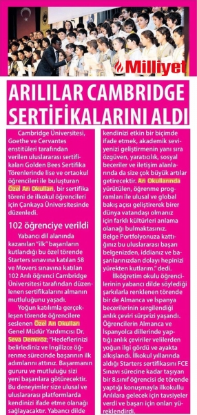 21 ARALIK 2017 PERŞEMBE MİLLİYET-ARILILAR CAMBRIDGE SERTİFİKALARINI ALDI