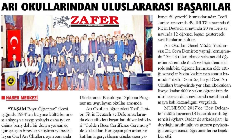 28 EKİM 2017 CUMARTESİ ZAFER- ARI OKULLARIN'DAN ULUSLARARASI BAŞARILAR