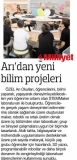 04 EKİM 2017 ÇARŞAMBA MİLLİYET- ARI'DAN YENİ BİLİM PROJELERİ