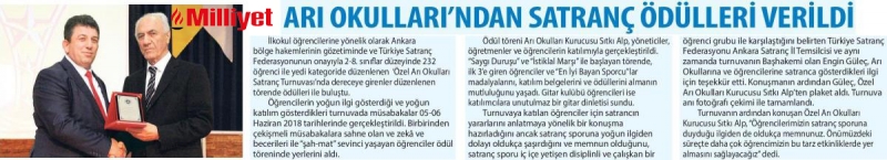 14 HAZİRAN 2018 PERŞEMBE MİLLİYET ANKARA-ARI OKULLARINDA SATRANÇ ÖDÜLLERİ VERİLDİ