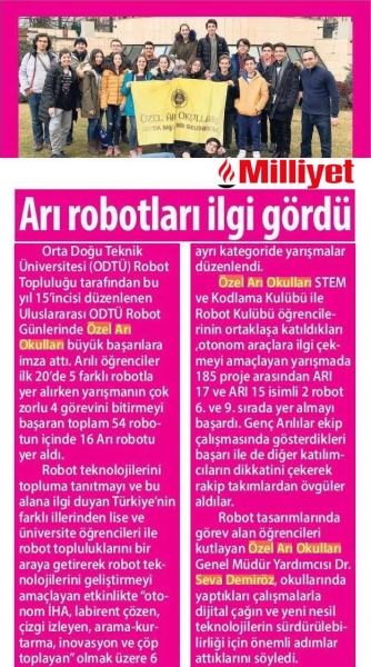 14 MART 2018 ÇARŞAMBA MİLLİYET-GENÇ ARILILARIN BAŞARILI ROBOTLARI
