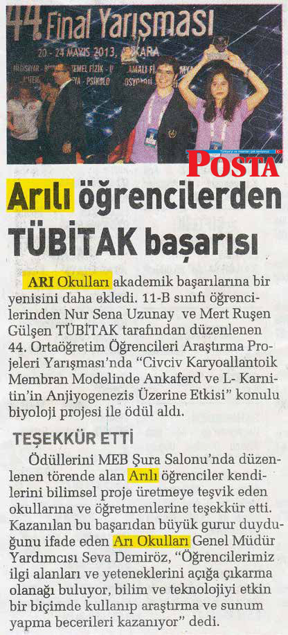 31 Mayıs 2013 - Arılı öğrencilerden TÜBİTAK başarısı - Posta
