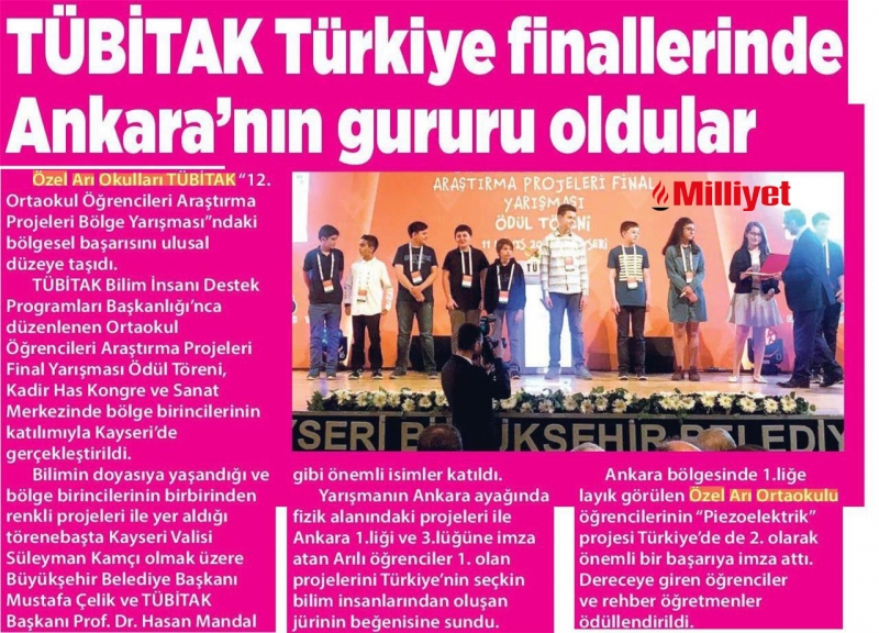 19 MAYIS 2018 CUMARTESİ MİLLİYET ANKARA-TÜBİTAK TÜRKİYE FİNALLERİNDE ANKARA’NIN GURURU OLDULAR