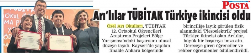 19 MAYIS 2018 CUMARTESİ POSTA ANKARA-ARILILAR TÜBİTAK TÜRKİYE İKİNCİSİ OLDU