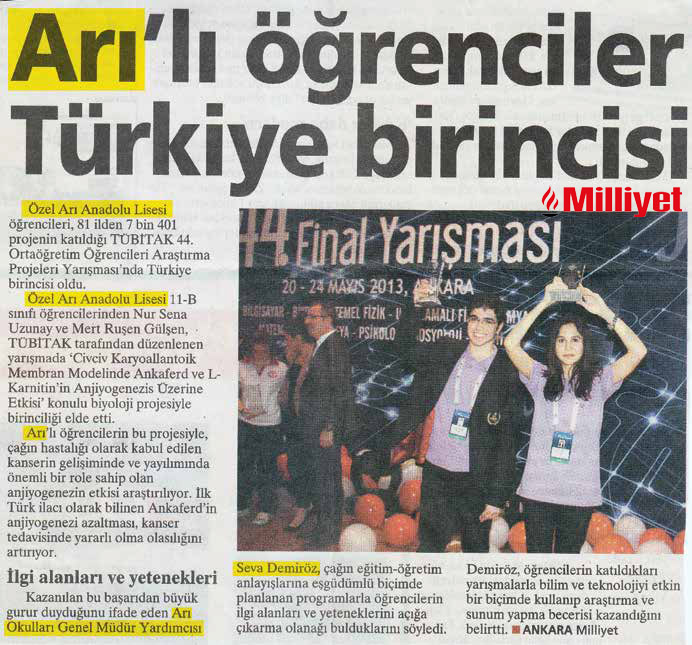 Nisan 2013 - Arı'lı öğrenciler Türkiye birincisi. - Milliyet