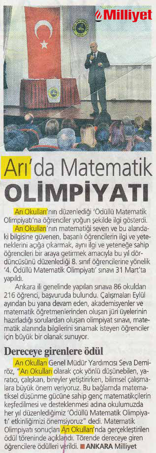 7 nisan 2013 - Arı'da Matematik OLİMPİYATI - Milliyet