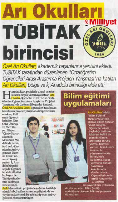29 Nisan 2013 - Arı Okulları TÜBİTAK birincisi. - Milliyet