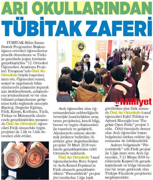 03 NİSAN 2018 SALI MİLLİYET-ARI OKULLARINDAN TÜBİTAK ZAFERİ