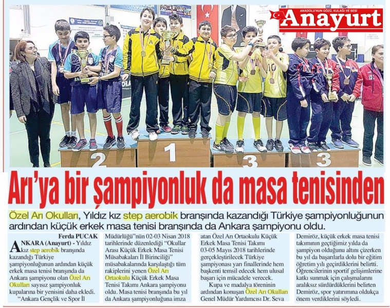12 NİSAN 2018 PERŞEMBE ANAYURT-ARI'YA BİR ŞAMPİYONLUK  DA MASA TENİSİNDEN