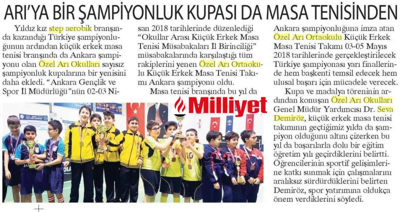 12 NİSAN 2018 PERŞEMBE MİLLİYET-ARI'YA BİR ŞAMPİYONLUK KUPASI DA MASA TENİSİNDEN