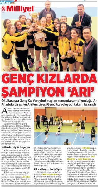 15 OCAK 2018 PAZARTESİ MİLLİYET ANKARA- GENÇ KIZLARDA ŞAMPİYON 'ARI'