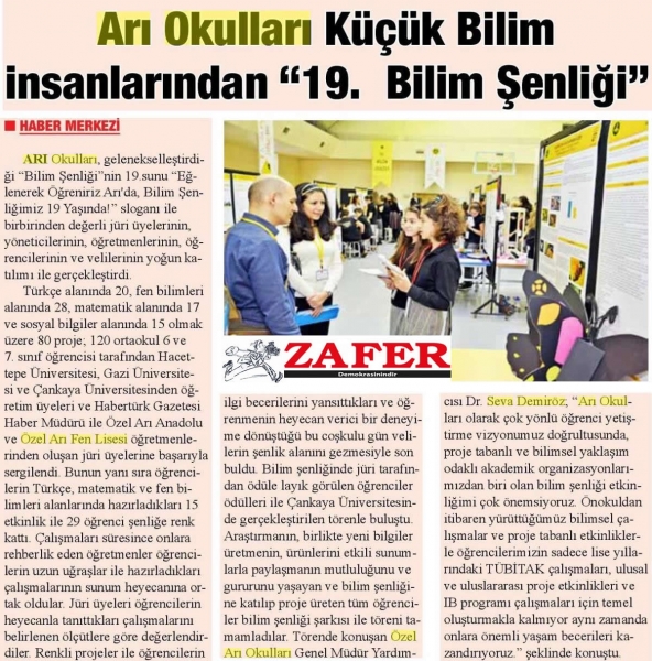 08 ŞUBAT 2018 ZAFER GAZESİ-ARI OKULLARI KÜÇÜK BİLİM İNSANLARINDAN 19.BİLİM ŞENLİĞİ