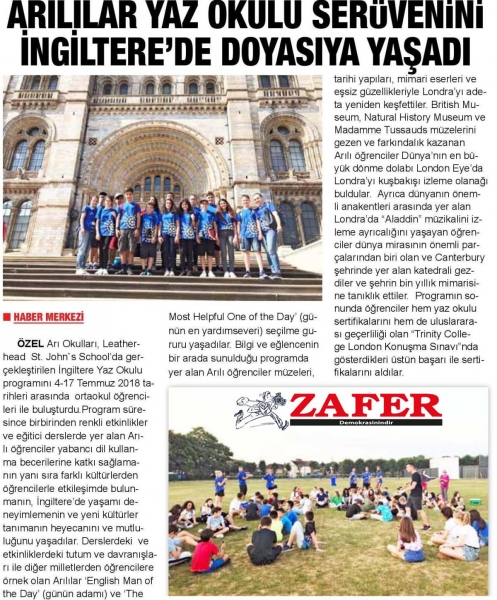19 TEMMUZ 2018 PERŞEMBE ANKARA ZAFER GAZETESİ-ARILILAR YAZ OKULU SERÜVENİNİ İNGİLTERE'DE DOYASIYA YAŞADI